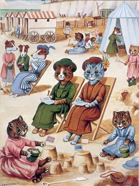 Tile Mural Cats On The Beach By Louis Wain Pet Kitten, 6"x8", Matte