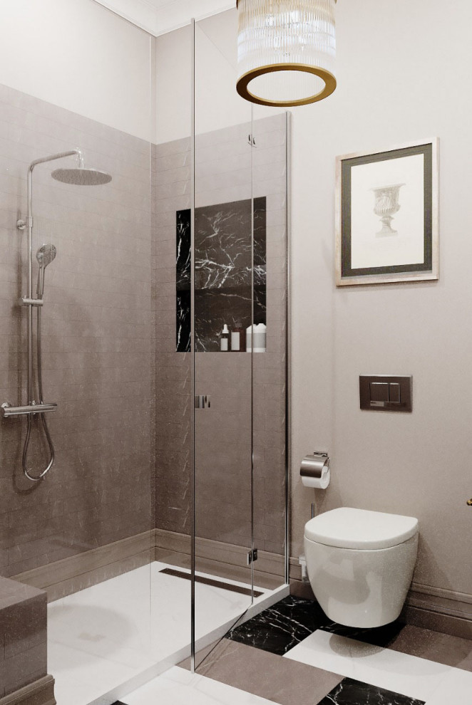 Пример оригинального дизайна: ванная комната среднего размера в стиле неоклассика (современная классика) с серыми стенами, душевой кабиной, мраморной столешницей, тумбой под одну раковину и подвесной тумбой