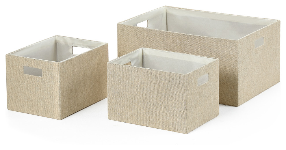3Piece Set Linen Look Covered Cardboard Rectangle Storage Bins, Beige