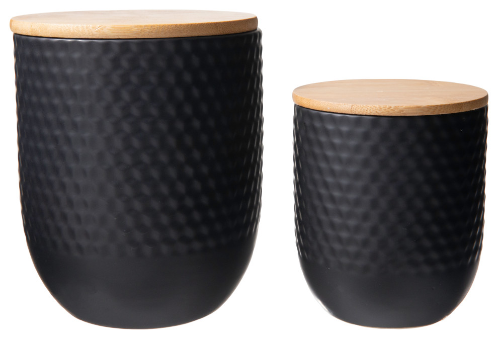 Bamboo Lid Ceramic Canister with Triangular Design Matte Black Finish