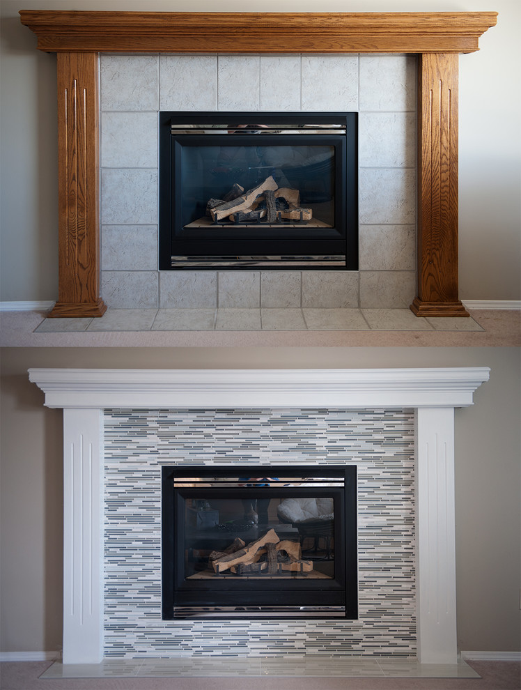 Photo of a mid-sized modern family room in Calgary with a standard fireplace and a tile fireplace surround.