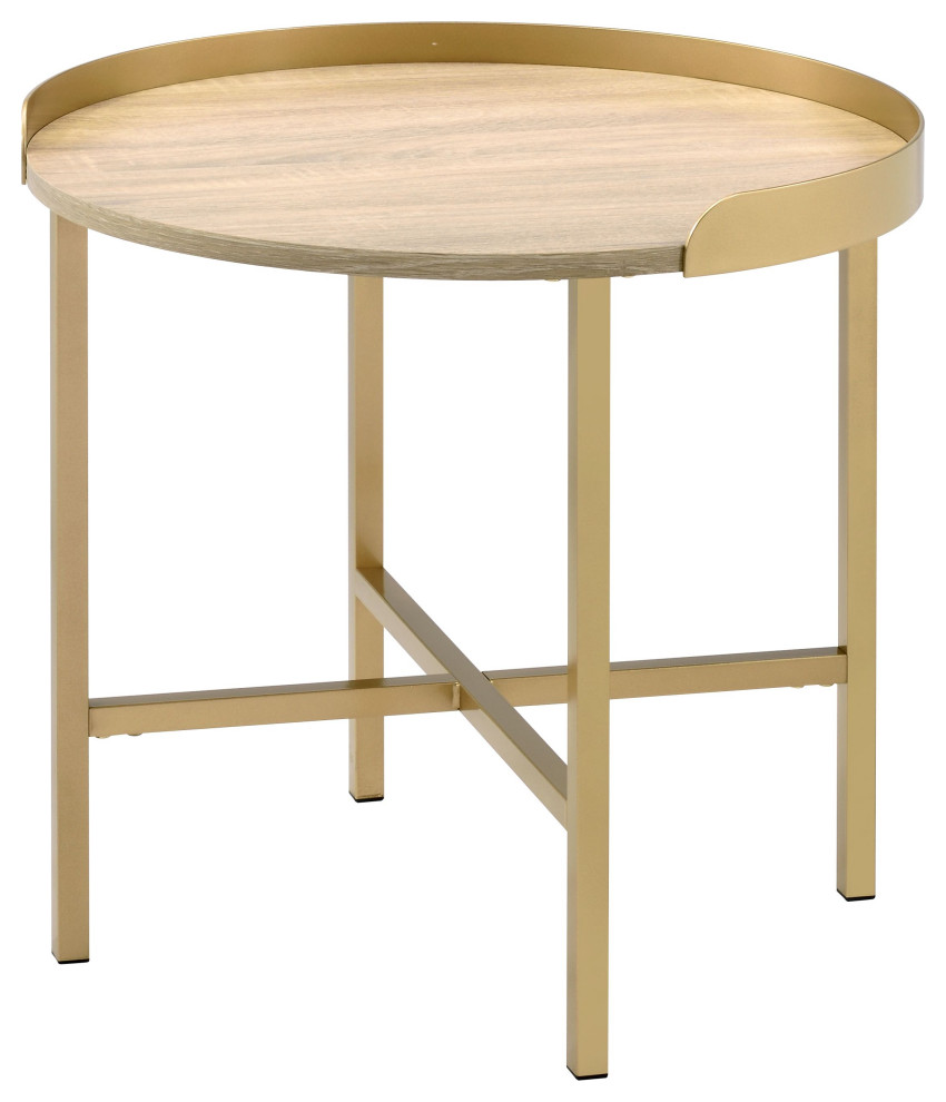 Mithea End Table, Oak Table Top and Gold Finish Contemporary Side