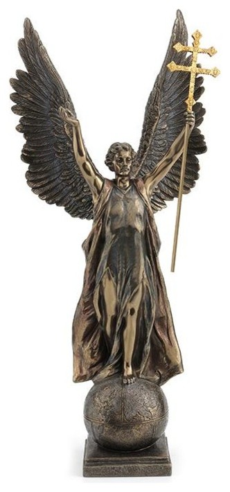 Veronese Design 13 Saint Gabriel Archangel Statue Holding Trumpet and Cross Cold Cast Resin Antique Pewter Gold Finish Angel Sculpture 