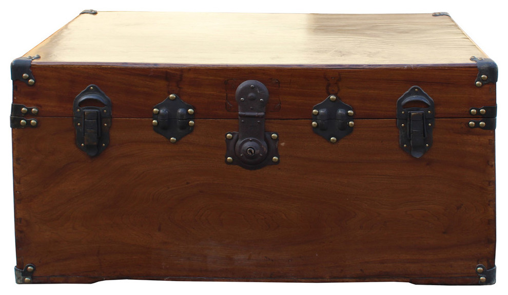 Oriental Chinese Brown Wood Iron Hardware Trunk Table