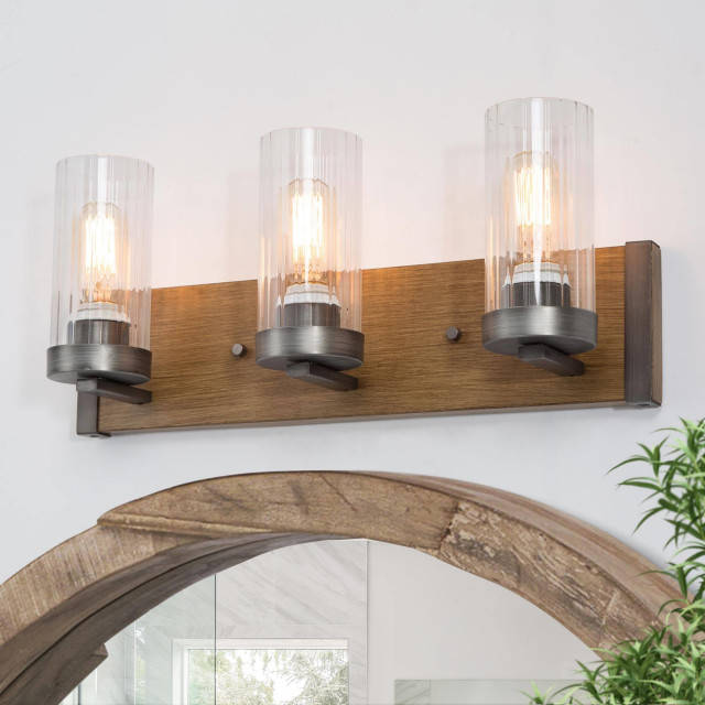 LALUZ 3-lights Antique Wood Brown and Brushed Black Farmhouse Vanity ...