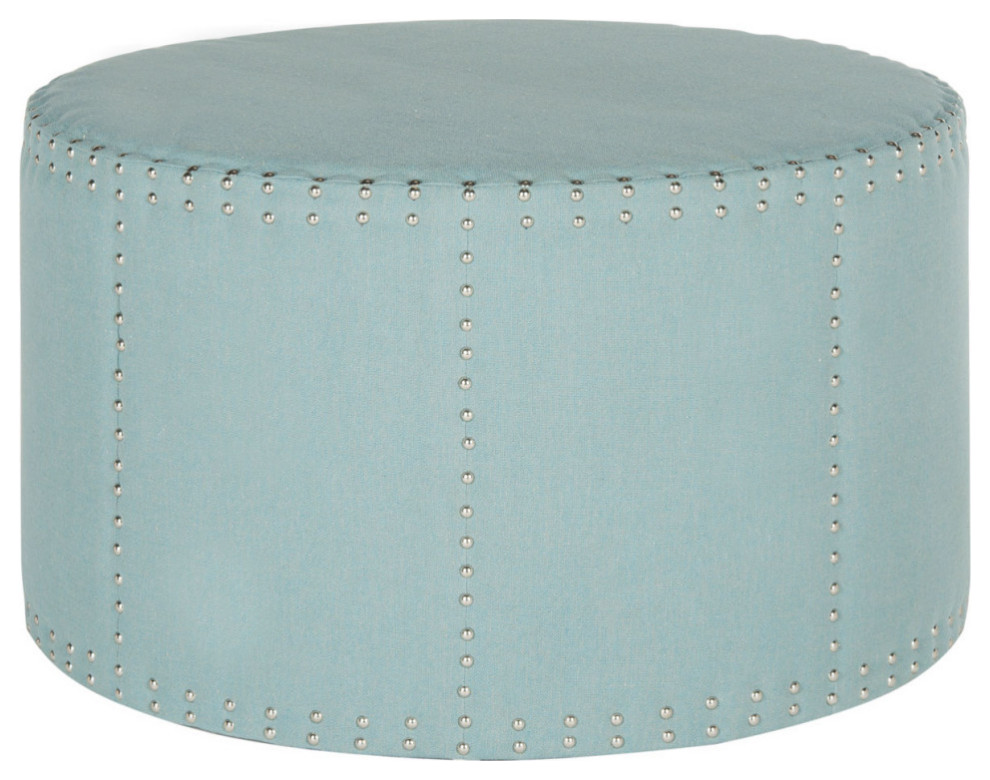 Foster Ottoman, Brass Nail Heads Sky Blue