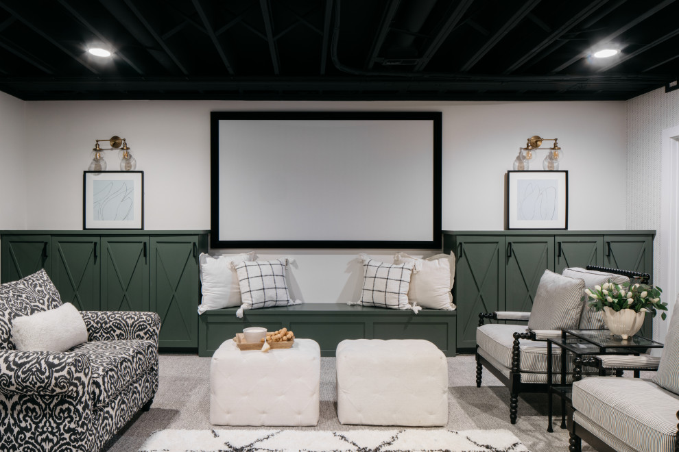This is an example of a country home cinema in Chicago with feature lighting.
