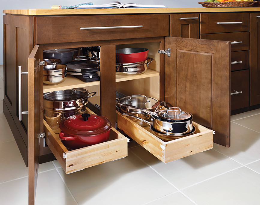 Eat-in kitchen - transitional ceramic tile eat-in kitchen idea in DC Metro with shaker cabinets, medium tone wood cabinets and wood countertops