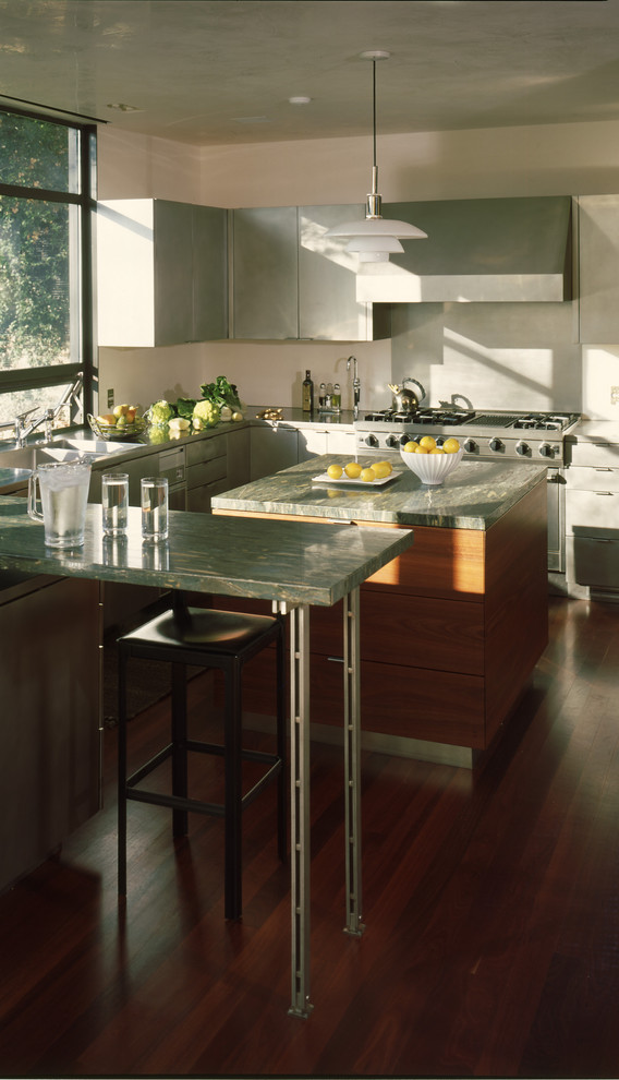 Design ideas for a contemporary u-shaped kitchen in San Francisco with stainless steel appliances, a double-bowl sink, flat-panel cabinets, grey cabinets, marble benchtops, dark hardwood floors, with island and brown floor.