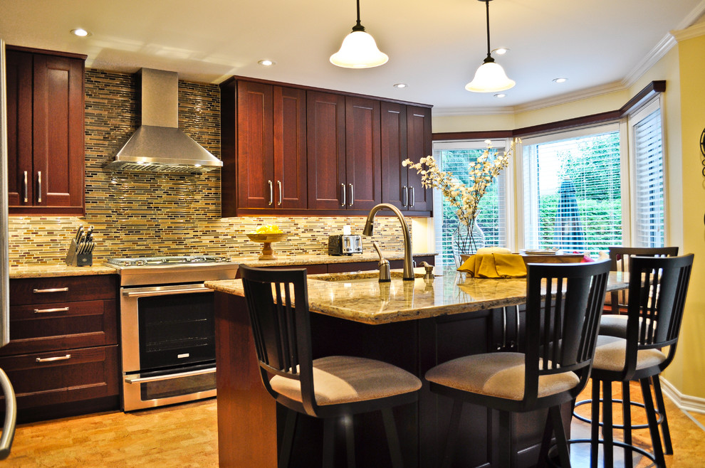 Example of a transitional cork floor kitchen design in Ottawa with recessed-panel cabinets, brown cabinets, quartzite countertops, multicolored backsplash, mosaic tile backsplash, stainless steel appliances and an island