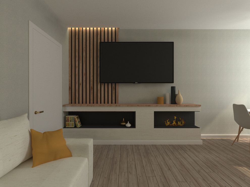 Гостиная с биокамином и барной стойкой