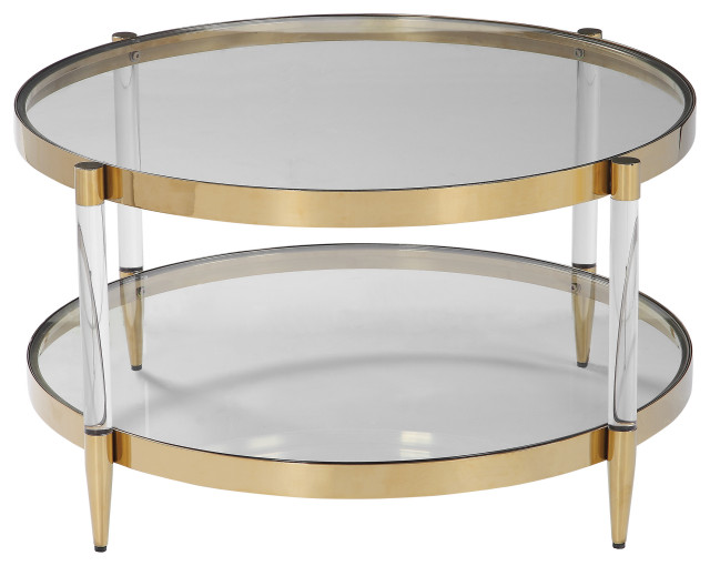 Glam Modern Clear Rods Coffee Table, Round Gold Glass Coffee Table