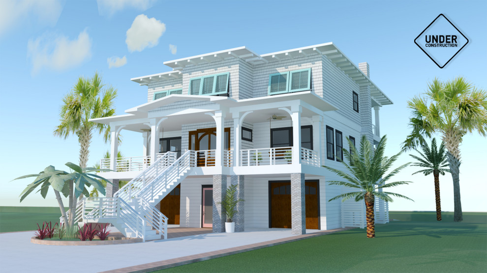 This is an example of a large beach style three-storey white house exterior in Jacksonville with concrete fiberboard siding, a hip roof, a tile roof, a black roof and shingle siding.