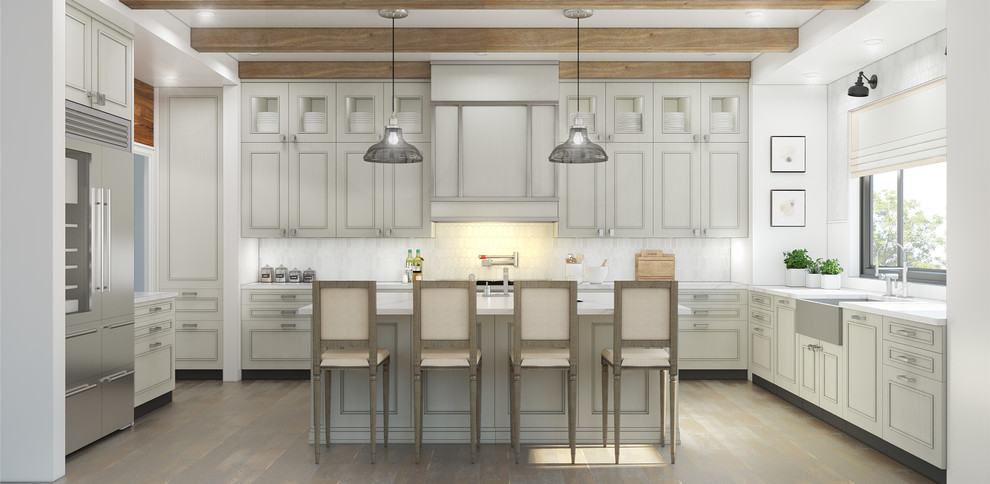 Inspiration for a large transitional u-shaped light wood floor and brown floor kitchen pantry remodel in Toronto with a farmhouse sink, shaker cabinets, white cabinets, quartzite countertops, gray backsplash, stone tile backsplash, stainless steel appliances and an island