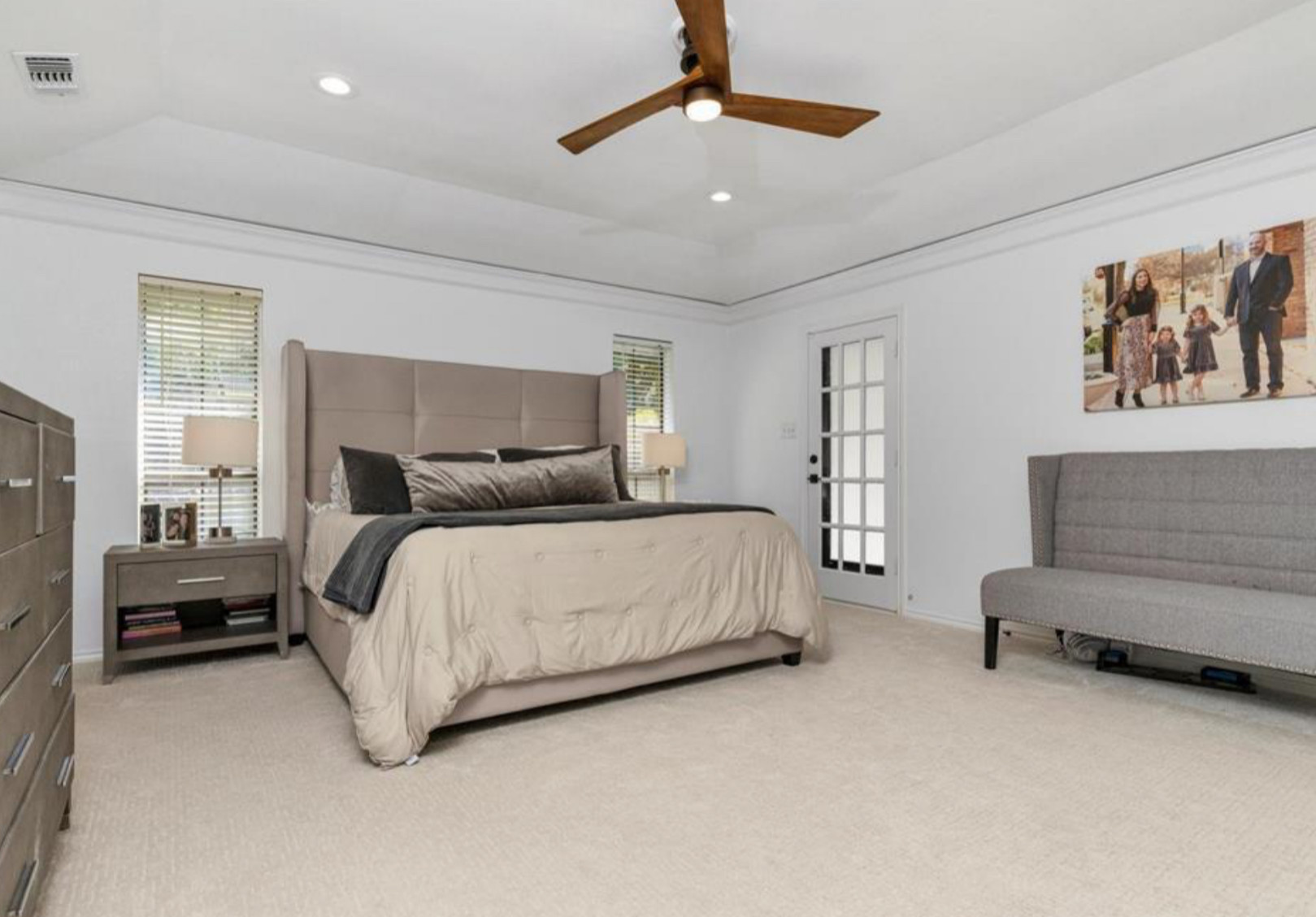 Bedroom - contemporary master carpeted bedroom idea in Dallas with white walls
