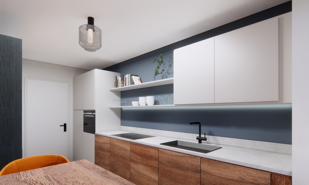This is an example of a small industrial single-wall separate kitchen in Munich with blue splashback and ceramic floors.