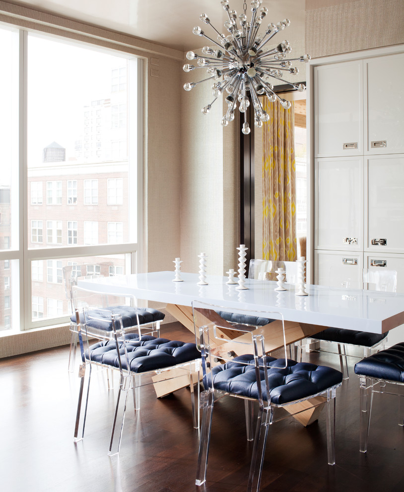 Inspiration for a contemporary dining room in New York with beige walls and dark hardwood floors.