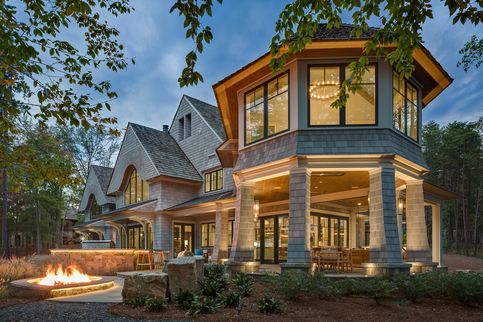 Huge transitional gray two-story gable roof idea