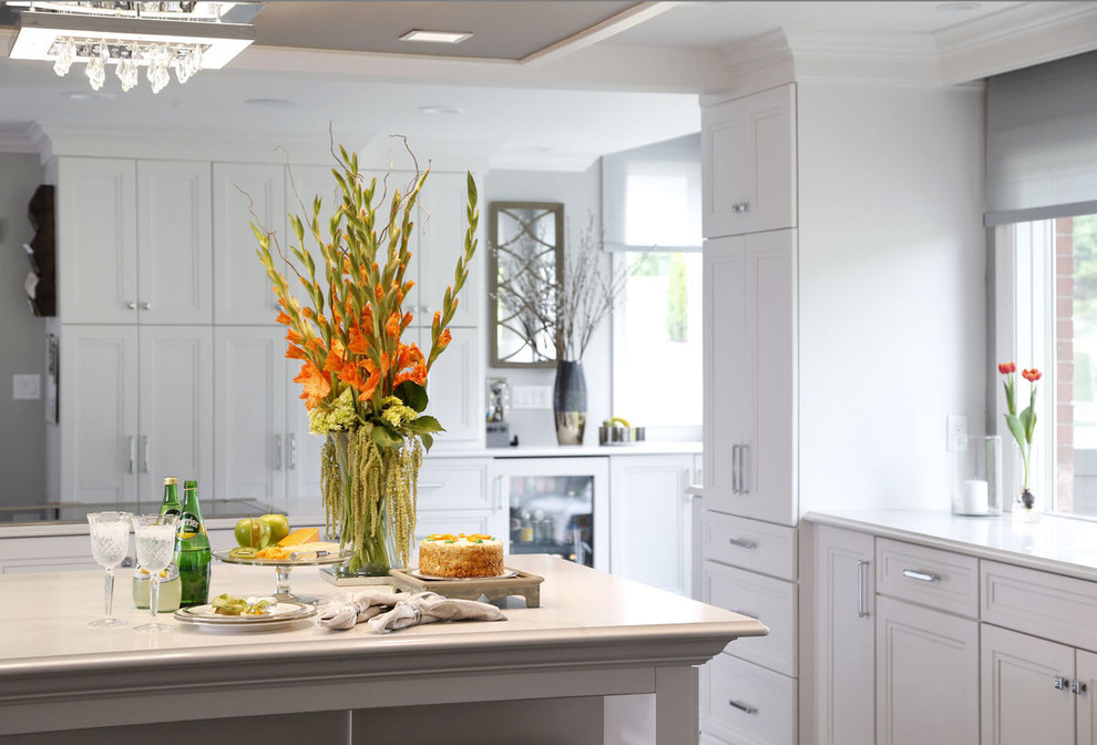Example of a transitional porcelain tile and gray floor kitchen design in Cedar Rapids with recessed-panel cabinets, white cabinets and glass countertops