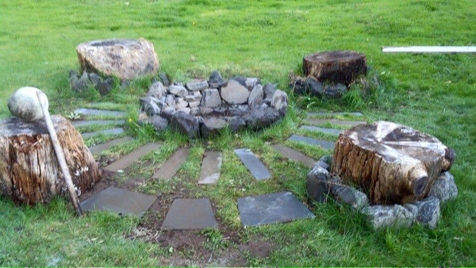 Inspiration for a mid-sized rustic full sun backyard stone landscaping in Seattle with a fire pit for summer.