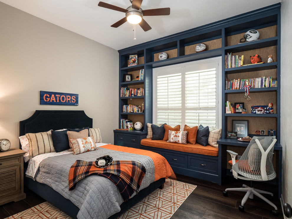 This is an example of a traditional kids' bedroom for boys with grey walls, dark hardwood floors and brown floor.