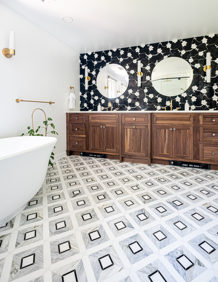 Example of a huge 1960s master black tile and marble tile marble floor, white floor and double-sink bathroom design in New York with shaker cabinets, medium tone wood cabinets, a one-piece toilet, white walls, an undermount sink, quartz countertops, a hinged shower door, white countertops and a built-in vanity