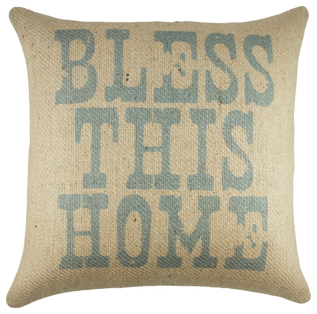 "Bless This Home" Burlap Pillow, 18"x18" Farmhouse Decorative Pillows by Houzz
