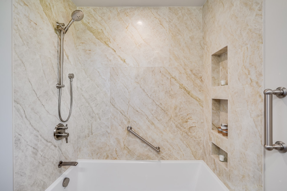 Design ideas for a mid-sized transitional bathroom in San Francisco with an alcove tub, a shower/bathtub combo, beige tile, porcelain tile and a sliding shower screen.