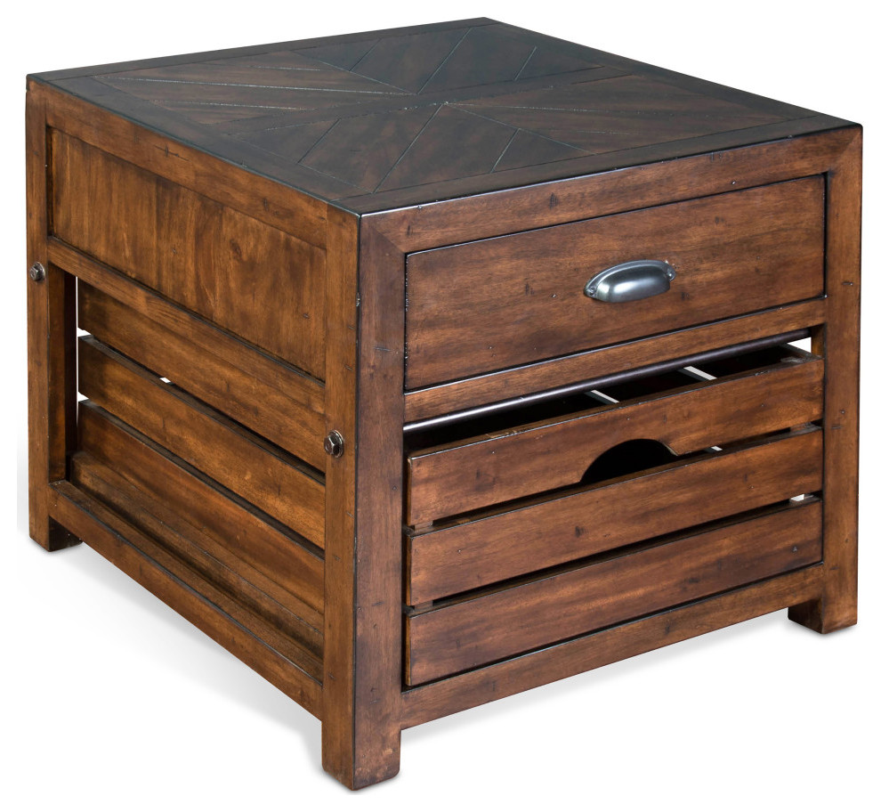 26" Square Rustic Stain Wood End Table 1 Drawer 1 Storage Crate
