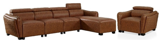Furniture of America Holm Faux Leather Large Sectional and Chair Set in Brown