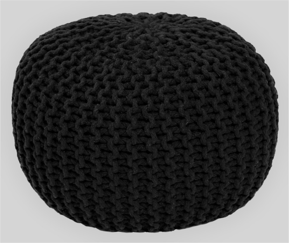 Handmade & Handcrafted Premium Cotton Round Knitted Cable Style Pouf Black