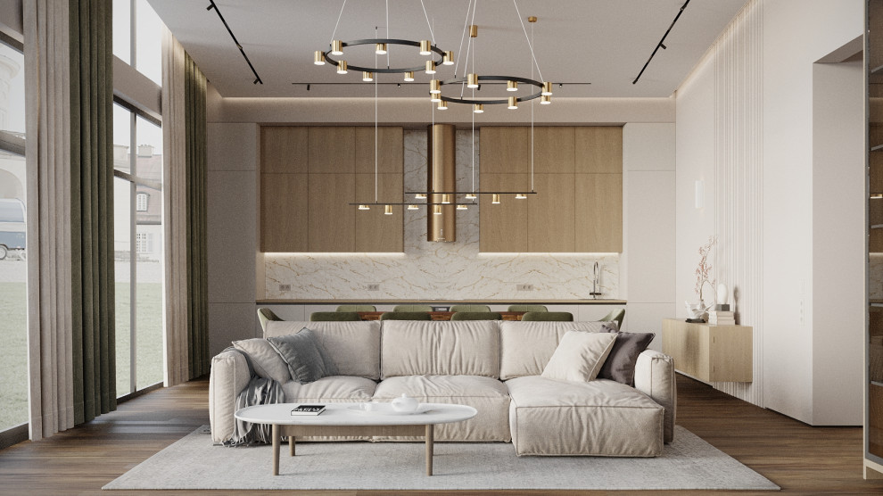 Визуализация кухни-гостиной в частном доме