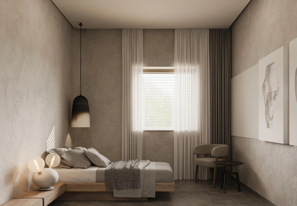 Пример оригинального дизайна: гостевая спальня среднего размера, (комната для гостей) в стиле модернизм с бежевыми стенами без камина