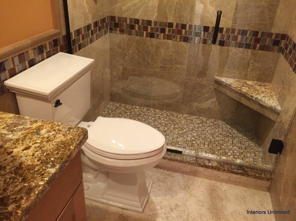 Photo of a small beach style master bathroom in Miami with an alcove shower, a two-piece toilet, brown tile, porcelain tile, orange walls, mosaic tile floors and granite benchtops.