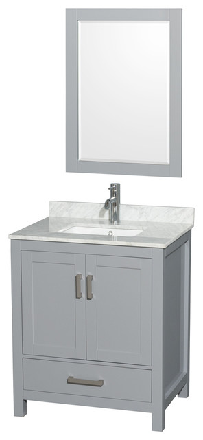 30" Single Vanity,Gray,White Carrara Marble Top,Undermount Square Sink,Mirror