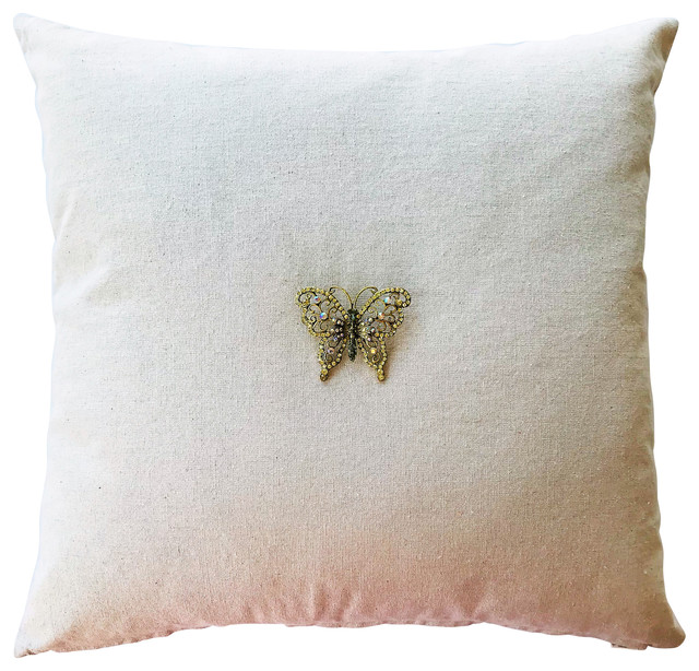 Natural Linen Spatkle Tan Pillow, Removable Decorating Pin, Buttefly