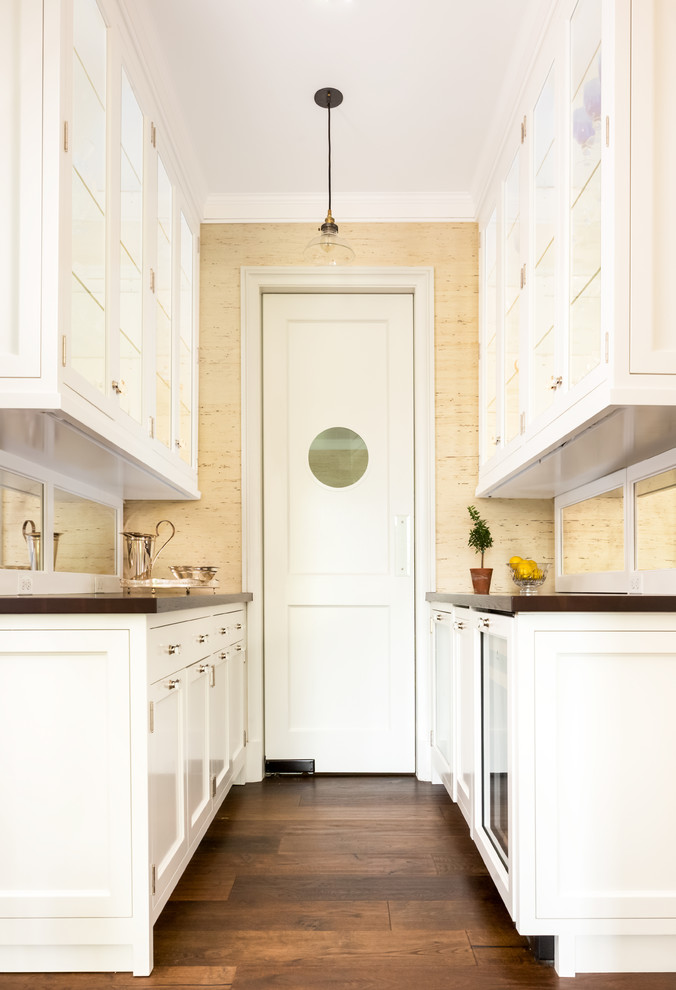 This is an example of a mid-sized traditional galley kitchen pantry in Chicago with glass-front cabinets, white cabinets, granite benchtops, metallic splashback, mirror splashback, stainless steel appliances, dark hardwood floors and no island.