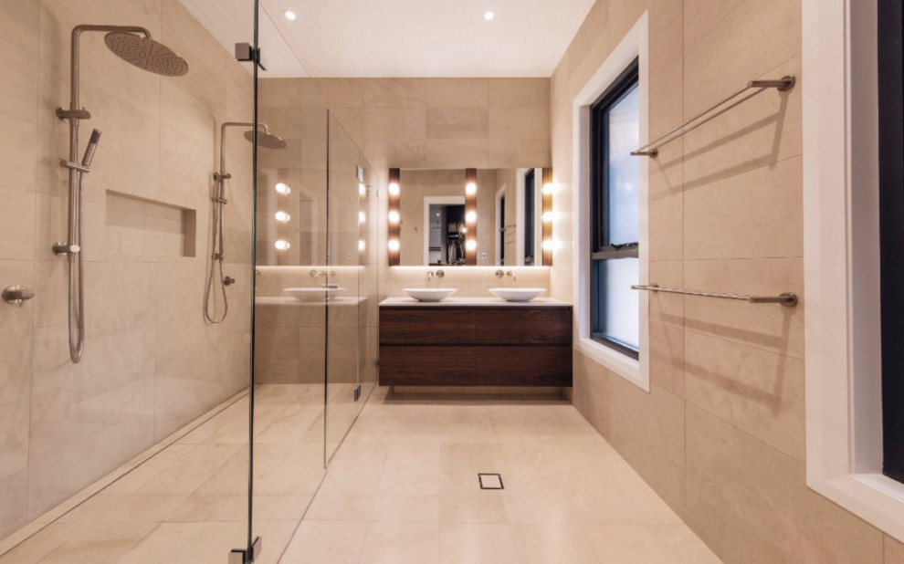 This is an example of a scandinavian bathroom in Sydney with limestone floors.
