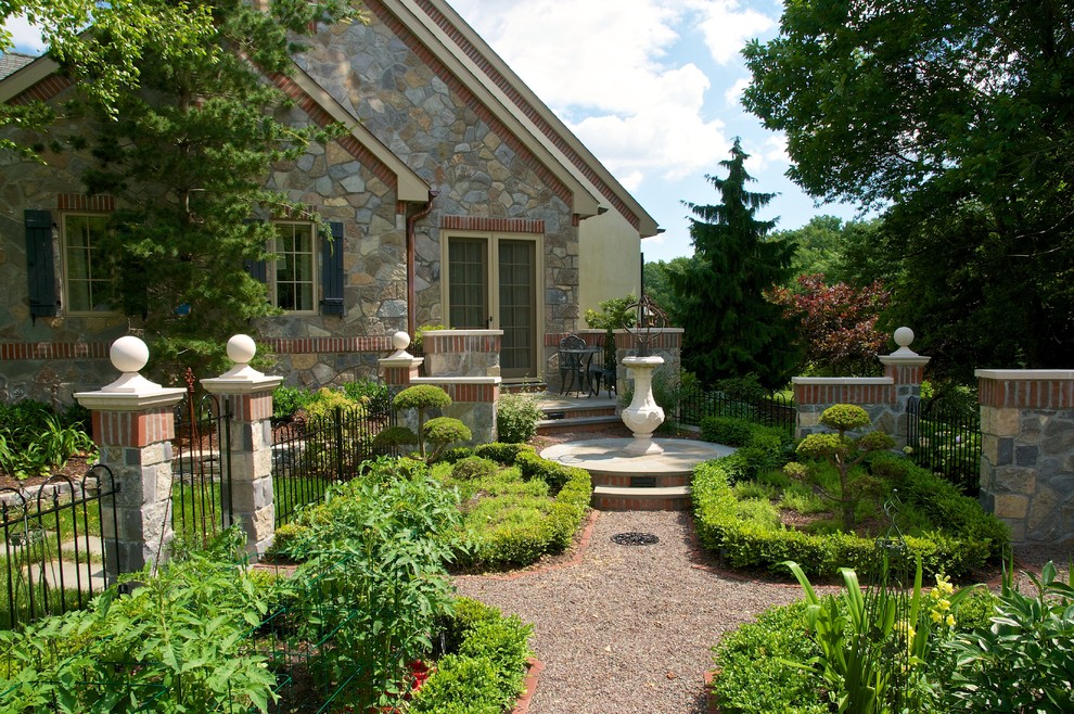 Inspiration for a traditional backyard garden in Denver with a water feature and gravel.