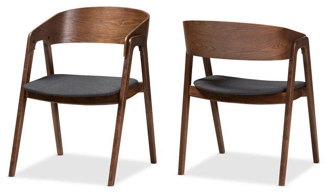 Tatum Mid Century Modern Walnut Wood Dark Gray Fabric Dining Chair Set Of 2