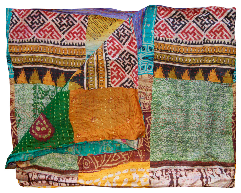 Kantha Silk Throw Quilt Blanket, 60"x90"