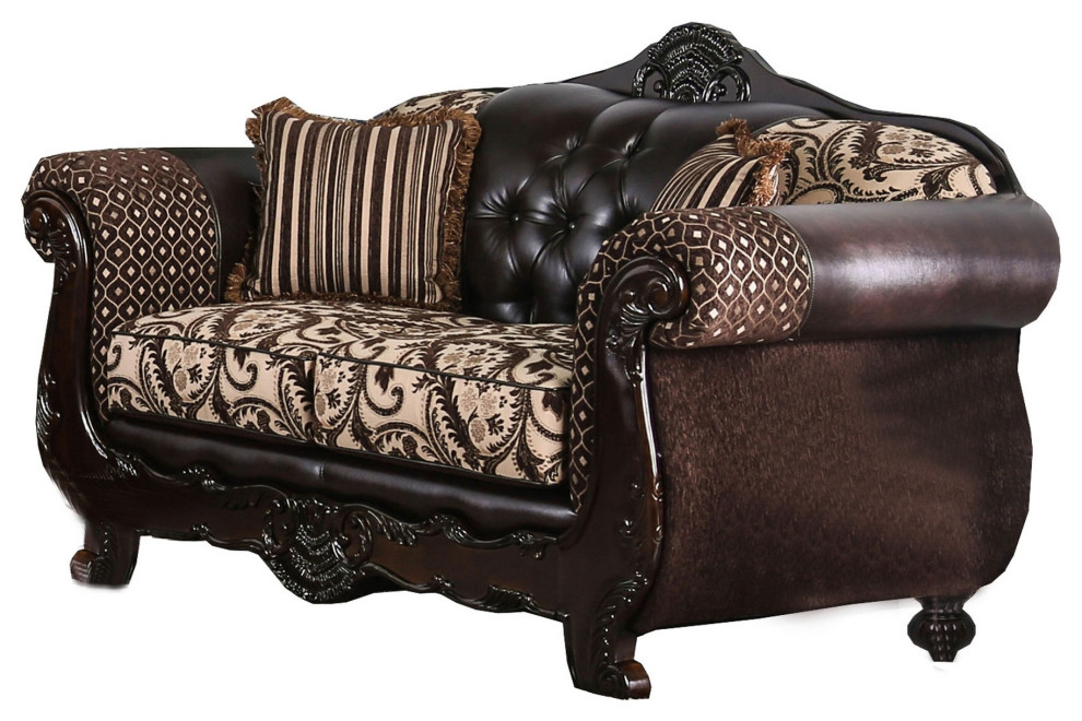 Traditional Wooden Loveseat With Button Tufted Backrest, Beige And