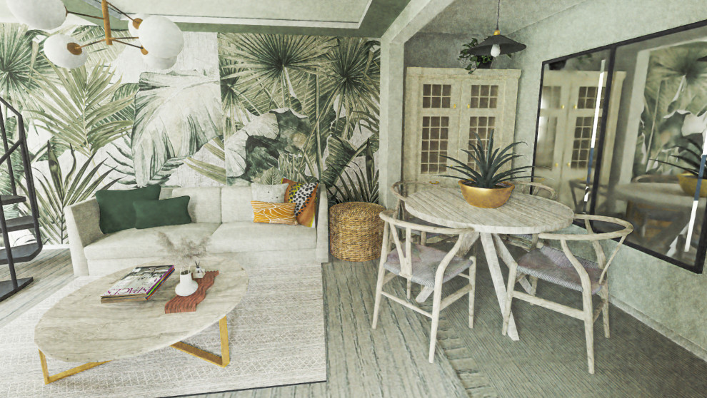 Стильный дизайн: большая открытая гостиная комната в белых тонах с отделкой деревом в современном стиле с белыми стенами, полом из ламината, мультимедийным центром, серым полом и сводчатым потолком без камина - последний тренд