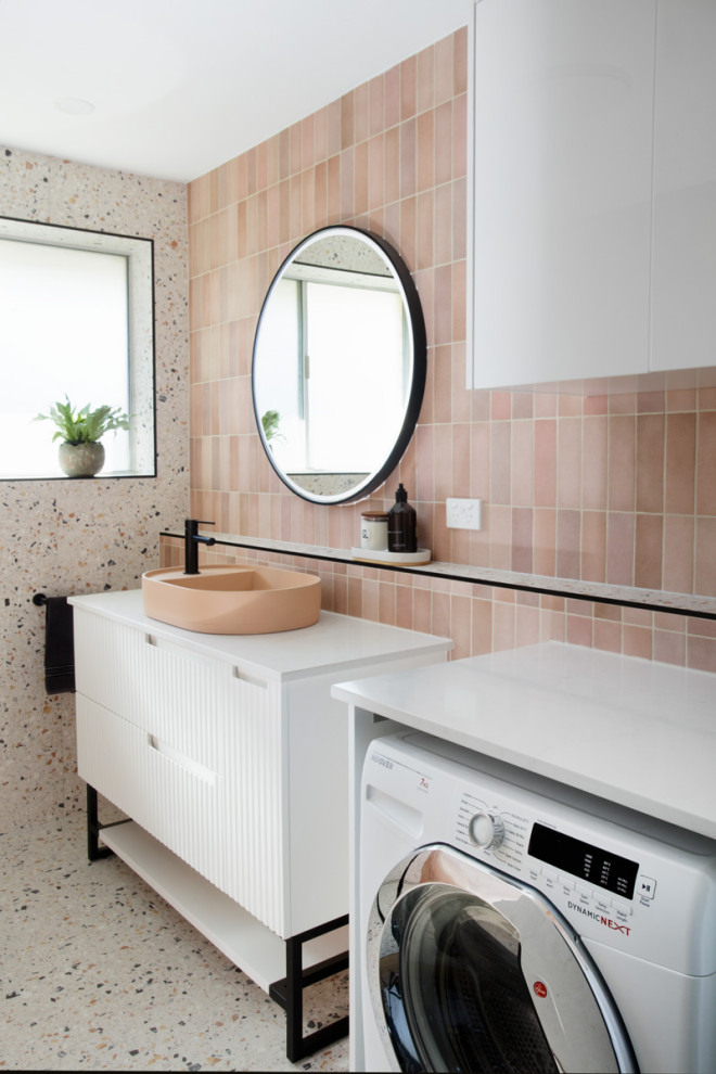 Example of a small tuscan multicolored tile and porcelain tile porcelain tile, multicolored floor and single-sink bathroom design in Brisbane with white cabinets, a two-piece toilet, multicolored walls, a vessel sink, quartz countertops, white countertops, a freestanding vanity and flat-panel cabinets