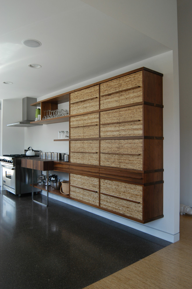 Contemporary kitchen in Los Angeles with wood benchtops.