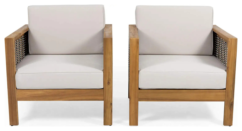 2 Pack Patio Lounge Chair, Acacia Wood Frame & Wicker Mesh Sides, Teak/Beige