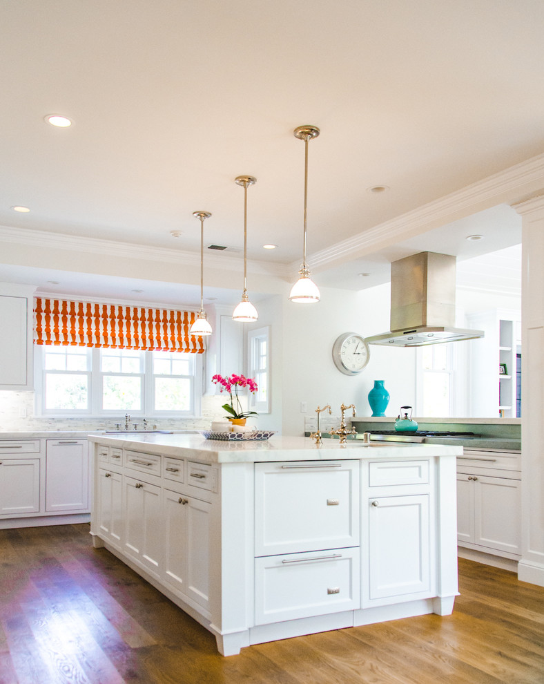 Photo of a traditional kitchen in San Francisco with recessed-panel cabinets and white cabinets.