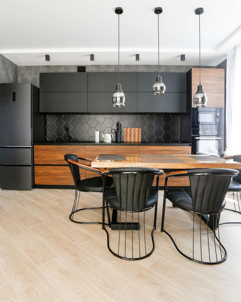 Design ideas for a mid-sized contemporary single-wall eat-in kitchen in Moscow with a drop-in sink, flat-panel cabinets, dark wood cabinets, solid surface benchtops, black splashback, stone slab splashback, coloured appliances, ceramic floors, no island, beige floor, black benchtop and recessed.