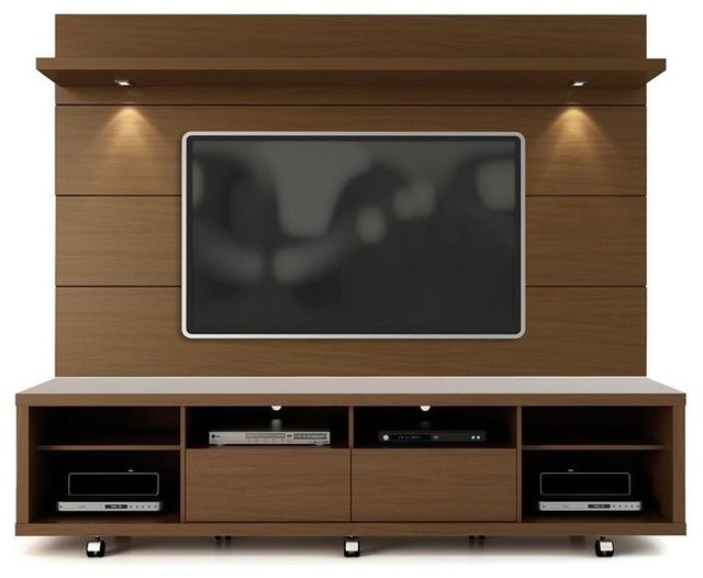Cabrini Tv Stand And Floating Wall Tv Panel With Led Lights 2.2 In Nut Brown