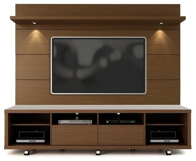 Cabrini Tv Stand And Floating Wall Panel With Led Lights 2 In Nut Brown